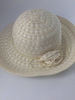 Vintage Women Lace Look Crochet Sun Bucket Hat Cream Color Flower Siz M READ